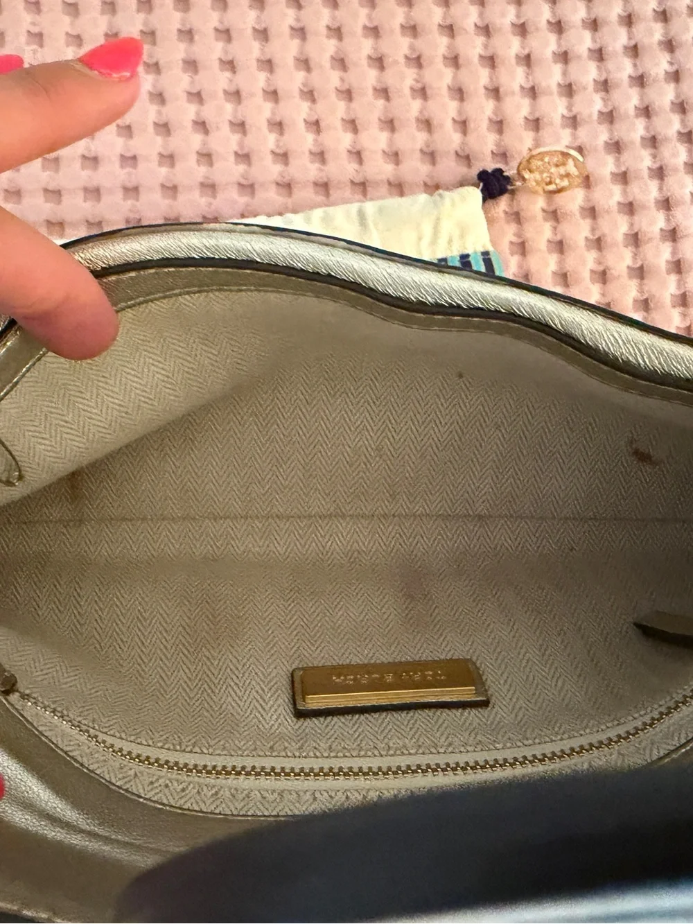 Tory Burch “Miller” Silver Logo Clutch - Metallic Leather Envelope Bag